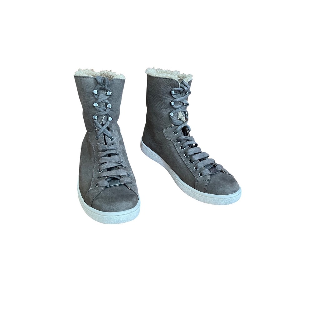 UGG Olive Grey Leather Shearling Lined High Top Sneaker Boots 1019896 Womens 8.5